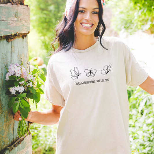 Change Is Uncomfortable T-Shirt – Motivational Butterfly Graphic Tee, Growth Mindset Shirt