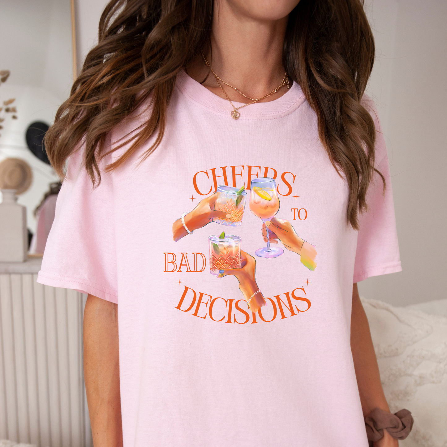 Cheers to Bad Decisions T-Shirt – Funny Drinking Tee with Toasting Hands Graphic