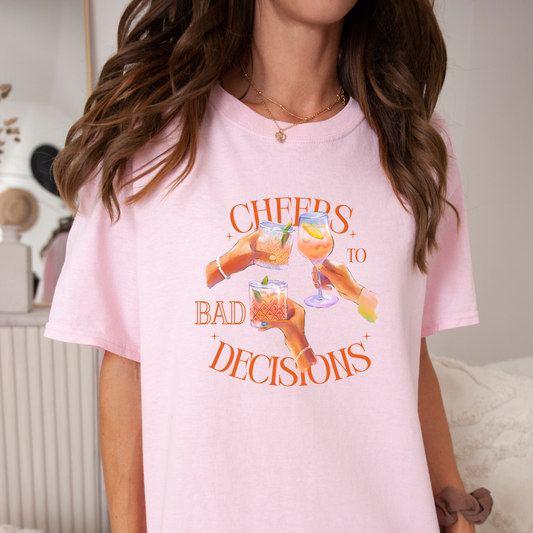 Cheers to Bad Decisions T-Shirt – Funny Drinking Tee with Toasting Hands Graphic