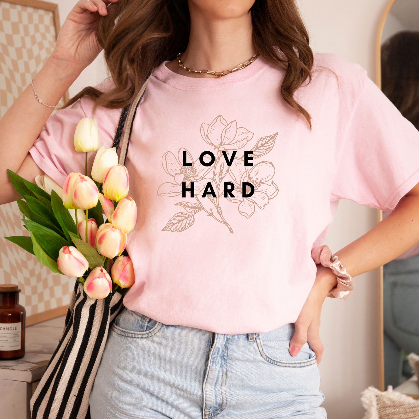 Love Hard T-Shirt – Vintage Floral Graphic Tee, Romantic Aesthetic Shirt, Soft & Stylish Gift for Her