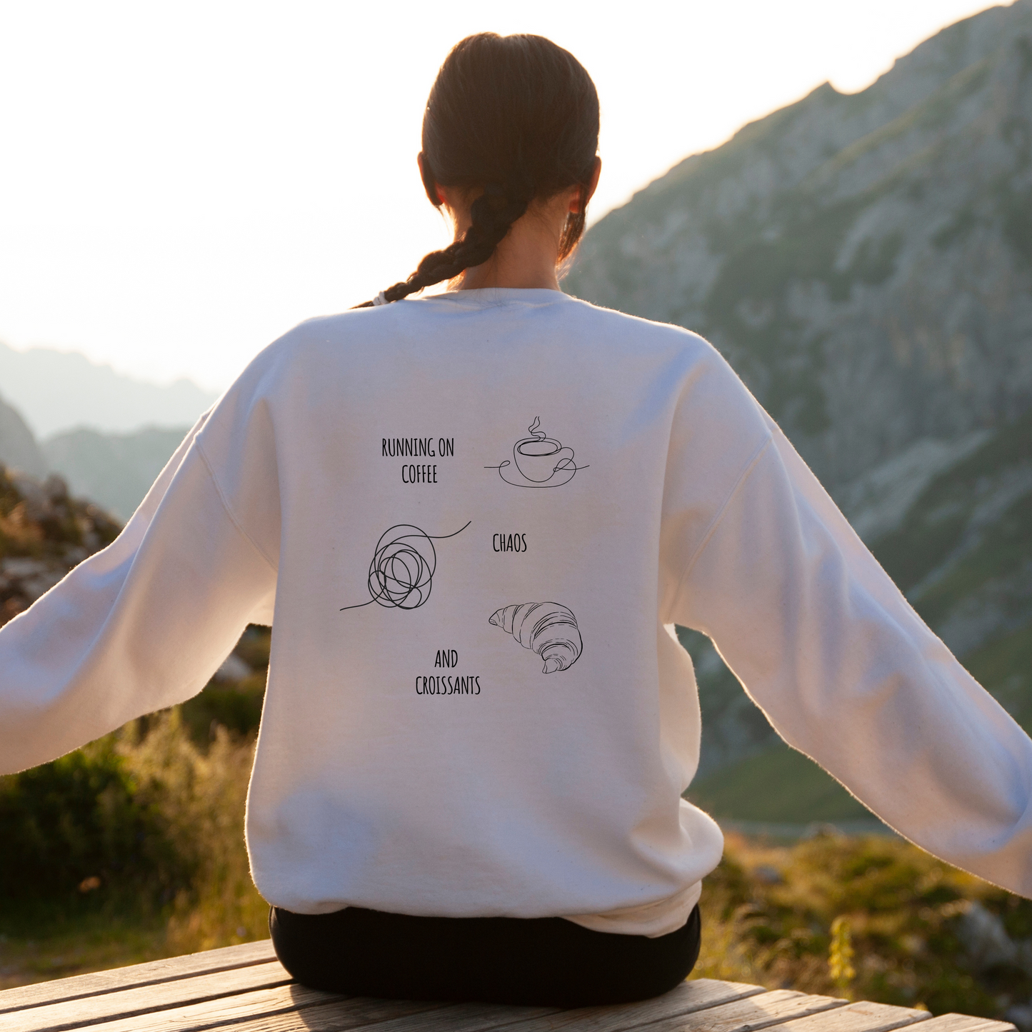 Running on Coffee, Chaos & Croissants Sweatshirt – Cozy & Trendy Graphic Pullover for Coffee Lovers